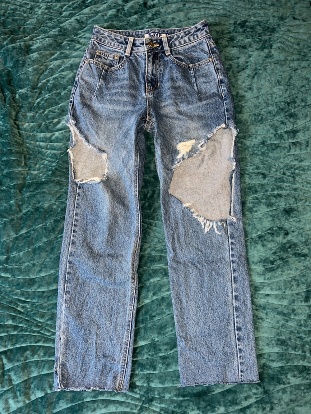 SJYP Distressed Mid-Rise Straight Jeans in Light Blue